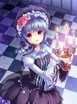 bad_id bad_pixiv_id blue_hair candle checkered checkered_floor chiyingzai drill_hair flower frills from_above hair_flower hair_ornament hat lolita_fashion looking_up original pink_eyes ribbon shadow short_hair solo star twin_drills twintails wristband 