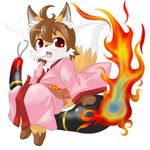  brown_hair canine chest_tuft cute fang female fire fox hair japanese_clothing kimono red_eyes short_tail sitting smoking solo stone_(artist) tail 