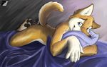  bed blue_eyes canine fluke lying male nude pillow sheets smile solo tail 