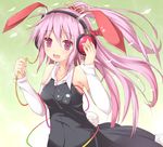  :d alternate_costume animal_ears arms_up bad_id bad_pixiv_id bare_shoulders black_dress blush bunny_ears bunny_tail contemporary detached_sleeves digital_media_player dress efe face hair_ribbon headphones listening_to_music long_hair open_mouth pink_eyes pink_hair ponytail purple_eyes purple_hair reisen_udongein_inaba ribbon smile solo tail touhou under_clothes upper_body 