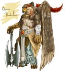  avian axe beak bird eagle male plain_background red_eyes topless unknown_artist warrior weapon white_background wings 