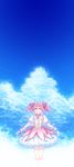  :d blue blue_sky closed_eyes cloud day dress floating_hair gloves highres kaname_madoka long_hair mahou_shoujo_madoka_magica open_mouth outstretched_arms pink_hair sky smile solo takanashi_ringo twintails 