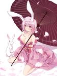  animal_ears bare_shoulders blush breasts bunny bunny_ears cleavage from_above japanese_clothes kimono kneeling large_breasts oriental_umbrella original petals pink_hair red_eyes satomi short_hair smile solo umbrella 