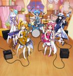  amplifier aoi_(houkago_no_pleiades) band bass_guitar black_hair blonde_hair blue_eyes drum drum_set glasses gloves guitar hat hikaru_(houkago_no_pleiades) houkago_no_pleiades instrument itsuki_(houkago_no_pleiades) k-on! long_hair manoru multiple_girls nanako_(houkago_no_pleiades) parody pink_hair pleiadean short_hair smile star subaru_(houkago_no_pleiades) synthesizer thighhighs twintails 