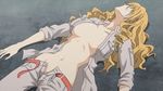  blonde_hair breasts breasts_apart drill_hair large_breasts long_hair lying non-web_source on_back open_clothes oriana_thomason screencap sleeves_rolled_up solo to_aru_majutsu_no_index 