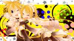  1girl arm_warmers blonde_hair blue_eyes brother_and_sister detached_sleeves hair_ornament hair_ribbon hairclip headphones highres hug kagamine_len kagamine_len_(append) kagamine_rin kagamine_rin_(append) leg_warmers ribbon short_hair siblings smile twins ume_cake vocaloid vocaloid_append 