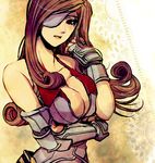  bad_id bad_pixiv_id bare_shoulders beatrix breasts brown_eyes brown_hair cleavage closed_mouth curly_hair eyepatch final_fantasy final_fantasy_ix gauntlets gradient gradient_background kuruhito long_hair solo 
