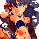  armpits bad_id bad_pixiv_id bare_shoulders black_hair blue_eyes bra bracelet earrings fang fingerless_gloves ganaha_hibiki gloves idolmaster idolmaster_(classic) jacket jewelry lingerie makino_(sinobusan) necklace one_eye_closed open_mouth solo underwear 