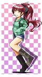  absurdres alto-00 backpack bag boots brown_eyes checkered checkered_background food grin hair_ribbon hands_in_pockets highres long_hair mahou_shoujo_madoka_magica pocky ponytail red_eyes red_hair ribbon sakura_kyouko shorts smile solo 