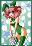  absurdres blue_eyes bunnysuit eiyuu_(eiyuu04) green_legwear highres marriage_royale pink_hair short_hair solo tenryuu_ena thighhighs twintails 