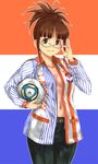  adidas adjusting_eyewear akizuki_ritsuko albirex_niigata ball brand_name_imitation breasts brown_eyes brown_hair glasses highres idolmaster idolmaster_(classic) idolmaster_2 j._league md5_mismatch no_bra open_clothes open_shirt shirt small_breasts soccer_ball solo speedcell tachi_hirushi typo 