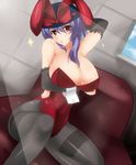  animal_ears bare_shoulders black_legwear breasts bunny_ears bunnysuit cleavage cube_(circussion) dutch_angle elbow_gloves gloves hat huge_breasts nagae_iku pantyhose purple_hair red_eyes short_hair sitting solo sparkle thighband_pantyhose touhou wrist_cuffs 