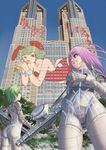  animal_ears ass bodysuit building bunny_ears bunny_girl cameltoe carrot graffiti green_hair grin gun leotard long_hair multiple_girls one_eye_closed original pink_hair pixiv purple_eyes raybar red_leotard short_hair skyscraper smile tokyo_city_hall weapon white_bodysuit 