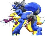  anal anal_penetration anus balls bent_over blue blush butt canine digimon female fox male penetration penis pussy pussy_juice raised_tail renamon sawblade sex spread_legs spreading straight tail tattoo tomierlanely unknown_character yellow 
