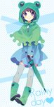  boots closed_umbrella coat dress ech english frog grey_legwear heart highres hood hoodie original polka_dot polka_dot_background raincoat rubber_boots solo thighhighs umbrella zettai_ryouiki zipper 