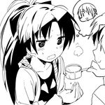  bow fang greyscale hair_bow hishaku long_hair mahou_shoujo_madoka_magica miki_sayaka monochrome multiple_girls ponytail pulque sakura_kyouko sketch watarai_keiji 