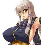  armpits blush breasts brown_eyes clair_lasbard covered_nipples grey_hair hair_ribbon large_breasts poko_chin ribbon sideboob solo star_ocean star_ocean_till_the_end_of_time tress_ribbon white_background 