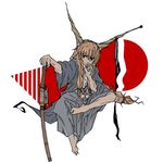  barefoot blonde_hair feet highres horns ibuki_suika katana long_hair red_eyes scabbard sheath sheathed sitting solo sword touhou uewtsol weapon 