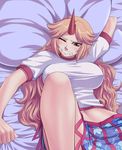  bed blonde_hair blush breasts commentary_request highres horn hoshiguma_yuugi katwu_(gensou_ninja_yashiki) large_breasts long_hair lying pointy_ears red_eyes solo touhou 