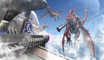  airship blue_eyes blue_hair claws cloud dragon dress fantasy flying kouji_(astral_reverie) long_hair planet scenery skirt sky very_long_hair weapon wings 