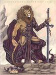  armor cape dark_natasha feline lion pose sword tattoo weapon 
