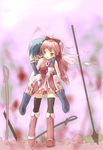  blood blue_hair cape carrying gloves highres lanwee long_hair magical_girl mahou_shoujo_madoka_magica miki_sayaka multiple_girls piggyback pink_eyes pink_hair polearm ponytail sakura_kyouko sword tears thighhighs torn_clothes weapon 