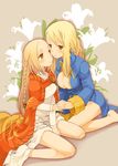  agrias_oaks areola_slip areolae b.tarou blonde_hair braid breasts brown_eyes couple final_fantasy final_fantasy_tactics flower holding_hands kneeling medium_breasts multiple_girls ovelia_atkascha sitting wariza yuri 