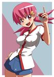  akane_(pokemon) blush denim denim_shorts erect_nipples gym_leader pink_eyes pink_hair pokemon shorts 