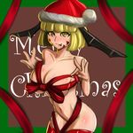  1girl blonde_hair breasts christmas duel_monster female fortune_ladies fortune_lady fortune_lady_light hat kemurin large_breasts nude shiny_skin short_hair smile tongue tongue_out yellow_eyes yu-gi-oh! yuu-gi-ou_duel_monsters 