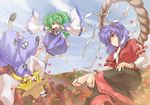  abo_(hechouchou) blonde_hair detached_sleeves flying frog green_eyes green_hair hair_ornament hat highres kochiya_sanae leaf long_hair maple_leaf moriya_suwako multiple_girls outstretched_arms purple_hair red_eyes sandals short_hair smile spread_arms touhou upside-down wide_sleeves yasaka_kanako 