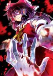  ascot black_hair blood blood_stain bow brown_hair detached_sleeves gloves glowing glowing_eyes hair_bow hair_tubes hakurei_reimu hands irua motion_blur pov red_eyes short_hair solo_focus sweatdrop touhou white_gloves yakumo_yukari 