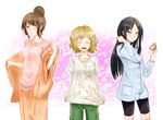  bike_shorts black_eyes black_hair blush brown_eyes brown_hair closed_eyes clothes_writing dressing flower hair_bun hair_flower hair_ornament hairdressing hanasaku_iroha japanese_clothes kissuisou_uniform long_hair matsumae_ohana michigan multiple_girls nakai_(waitress) open_mouth oshimizu_nako pants ponytail rubber_band shirt short_hair smile t-shirt track_pants tsurugi_minko undressing 