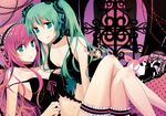  :q aqua_eyes aqua_hair camisole crossed_legs hatsune_miku isya leg_garter long_hair lying megurine_luka multiple_girls navel sitting smile tongue tongue_out twintails vocaloid yuri 