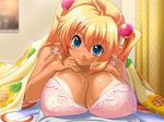  1boy 1girl at_this_rate,_i&#039;ll_end_up_having_sex_even_with_my_sister bed blonde_hair blue_eyes bra breasts cg game_cg hair_bobbles hair_ornament huge_breasts kasuga_himawari kono_mama_ja_ane_to_sex_shite_shimau!? kono_mama_ja_ane_to_sex_shiteshimasu_are_otouto_yo_ima_naka_de_dasanakata? long_hair looking_at_viewer lying ole-m pov pov_eye_contact smile tan tanline twintails under_covers underwear 
