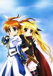  absurdres blonde_hair fate_testarossa highres lyrical_nanoha mahou_shoujo_lyrical_nanoha mahou_shoujo_lyrical_nanoha_the_movie_1st okuda_yasuhiro purple_eyes red_eyes red_hair ribbon ribbons takamachi_nanoha thighhighs twintails yuri 