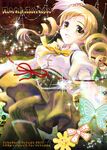  blonde_hair blush drill_hair fukuda_fukutarou hat highres magical_girl mahou_shoujo_madoka_magica open_mouth skirt smile solo sparkle thighhighs tomoe_mami twin_drills twintails yellow_eyes 