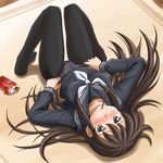  black_eyes black_legwear brown_hair crotch_seam embarrassed feet food lielos long_hair lying mouth_hold no_pants on_back original panties panties_under_pantyhose pantyhose pantyhose_pull pocky school_uniform sera_haruna serafuku solo underwear undressing 