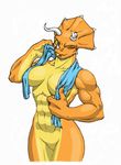  breasts dalus dinosaur female muscles nude one_eye_closed pinup scalie solo towel triceratops wink 