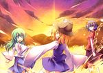  amano_chiharu blonde_hair blue_hair blush closed_eyes detached_sleeves green_eyes green_hair happy hat highres holding_hands kochiya_sanae leaf long_hair maple_leaf moriya_suwako multiple_girls open_mouth purple_hair red_eyes rope shimenawa short_hair sky smile sunset touhou yasaka_kanako 