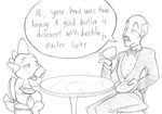 alfred_pennyworth batman batman_(series) black_and_white butler chair dragon english_text friendship_is_magic human male mammal monochrome my_little_pony plain_background scalie spike_(mlp) table tea text unknown_artist white_background 