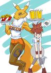  beer body_image breasts canine chest_tuft child couple digimon embarrassed female flat_chest form_fitting fox human kandlin nachos pantyhose renamon rika_nonaka scowl shorts shy tights waiter 