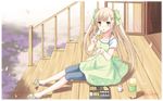  blonde_hair blush border chopsticks cup dress fading_border food hair_ornament hair_ribbon hairclip highres hinata_terrace kajiwara_hina long_hair mikaze_takashi obentou petals ribbon shoes sitting solo stairs twintails wallpaper yellow_eyes 