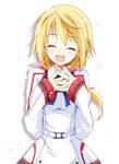  :d ^_^ blonde_hair charlotte_dunois closed_eyes hands_clasped happy highres infinite_stratos kanzaki_sora long_hair open_mouth own_hands_together petals ponytail school_uniform smile solo upper_body 