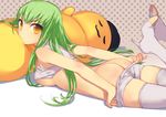  ass bare_shoulders boots breasts c.c. cheese-kun code_geass green_hair high_heels long_hair looking_at_viewer looking_back lying medium_breasts on_stomach pizza_hut pulled_by_self shoes shorts shorts_pull thigh_boots thighhighs underboob uni white_legwear yellow_eyes 