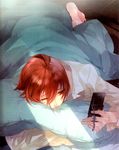  ahoge artist_request barefoot bed bed_sheet brown_eyes cellphone light lips male_focus phone red_hair sleepy solo starry_sky_(game) tomoe_you waking_up 
