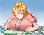  absurdres between_breasts blonde_hair blue_eyes blush breasts cleavage cloud crown day destruction giantess gigantic_breasts highres mario_(series) princess_peach smile solo super_mario_bros. terada_ochiko translated 