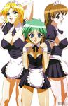  absurdres apron arms_behind_head blonde_hair blue_eyes breasts brown_eyes brown_hair cleavage glasses green_eyes green_hair hands_behind_head highres kakio_hazuki kuribayashi_yayoi large_breasts maid maid_apron maid_dress maid_headdress momozono_mei mouse_(anime) multiple_girls 