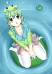  :o blush breasts cleavage copyright_request frog from_above green_hair large_breasts lily_pad open_mouth personification purple_eyes sitting skirt solo thighhighs wariza watashishi water white_legwear zettai_ryouiki 