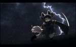  black_outfit female fluffy_tail hair_ornaments lightning ninja rain rooftop sword tail vampirexpenguin weapon 