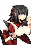 armor bad_id bad_pixiv_id black_hair blue_eyes blush breasts dean hair_ornament highres inverted_nipples large_breasts long_hair monster_hunter nipples open_mouth rathalos_(armor) sexually_suggestive solo 